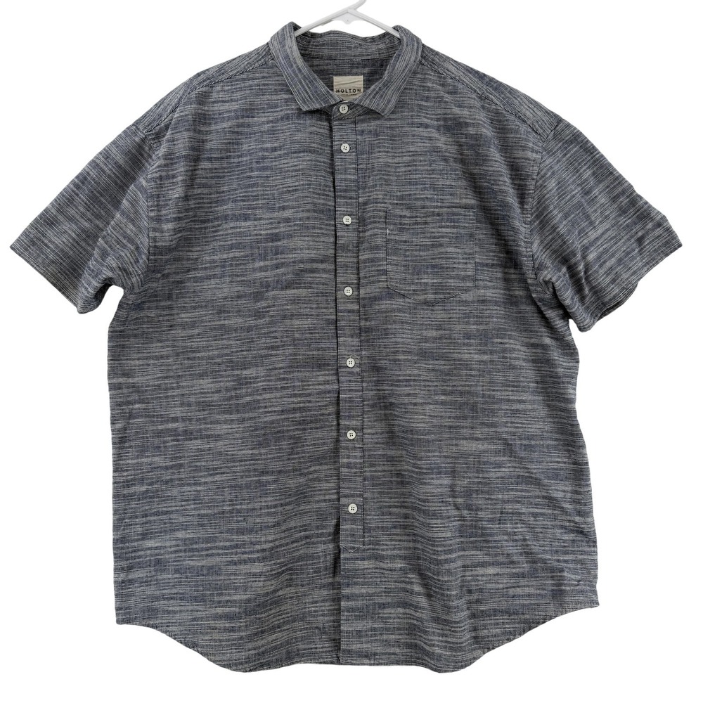 Holton Shirt Mens 3XL Blue Striped Short‎ Sleeve Button Up Linen Casual Summer